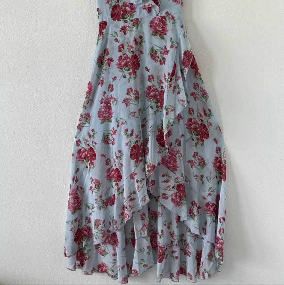 JJ's House Blue Floral Print V-Neck A-line Chiffon Asymmetrical Dress - Picture 4 of 4